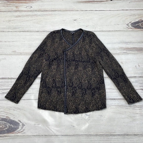 Eileen Fisher Sweater Cardigan Brown Leather Trim Gold Mohair Size Large - Picture 12 of 12
